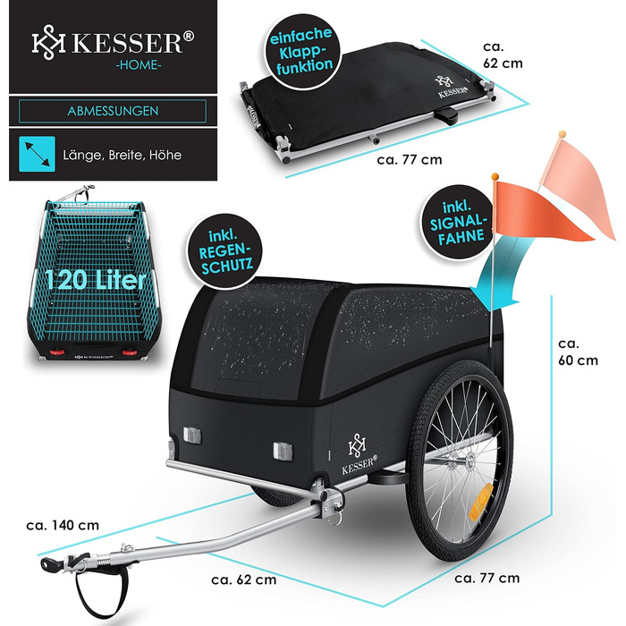 Причіп для велосипеда KESSER® вантажний, 120 літрів, чорний, з дахом та функцією складання