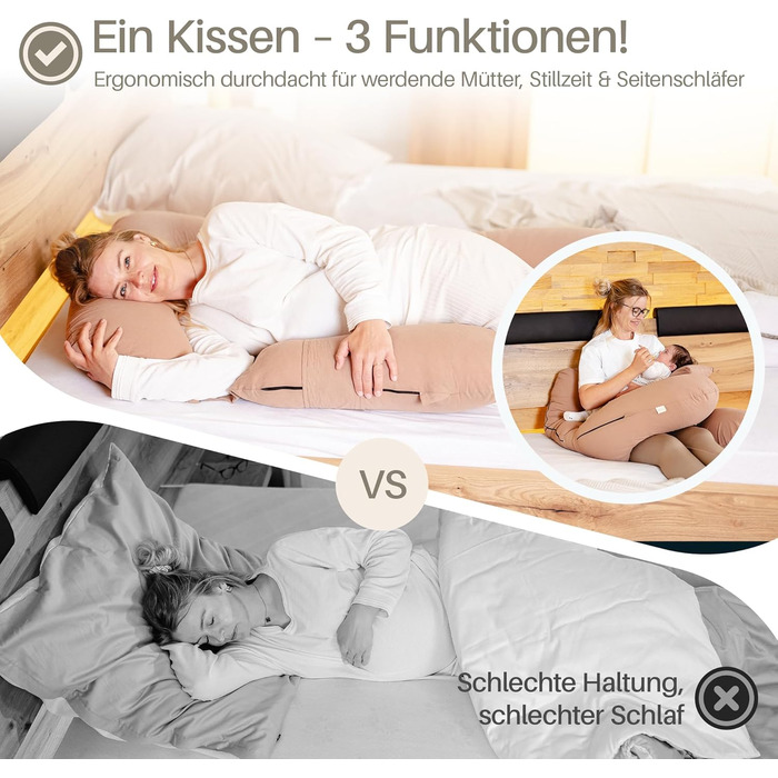 Подушка для вагітних та годування XL з піни Memory Foam, бавовняний чохол, коричнева