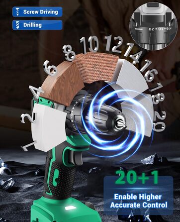 Акумуляторний шуруповерт безщітковий 21V BETENST з акумулятором 2.0Ah, 45Nm, 20 моментів, патрон 10mm, 2 швидкості, 20-ти елементний набір для дому, саду та DIY проектів (зелений)