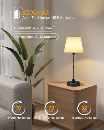 LED-лампа EppieBasic настільна бездротова, торшер сенсорний диммування, акумулятор 5200mAh, тепле світло 2700K, для спальні, вітальні, ванної кімнати (чорний)