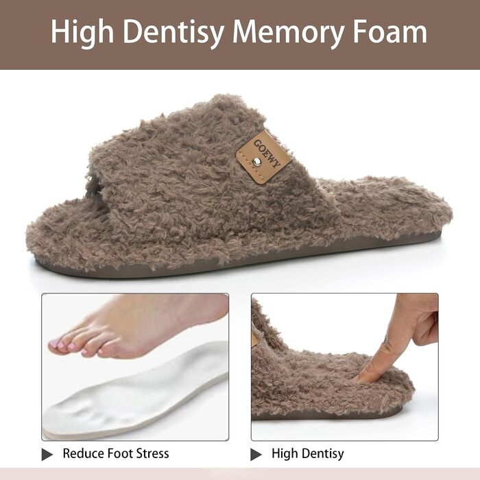 Жіночі домашні капці GOEWY з ефектом пам'яті (Memory Foam) — м'які плюшеві тапочки з відкритою п'ятою та протиковзкою підошвою, коричневі, розмір 40/41 EU