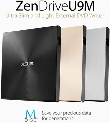 Зовнішній DVD-записувач Asus ZenDrive U9M з інтерфейсом USB-C та USB-A, чорний