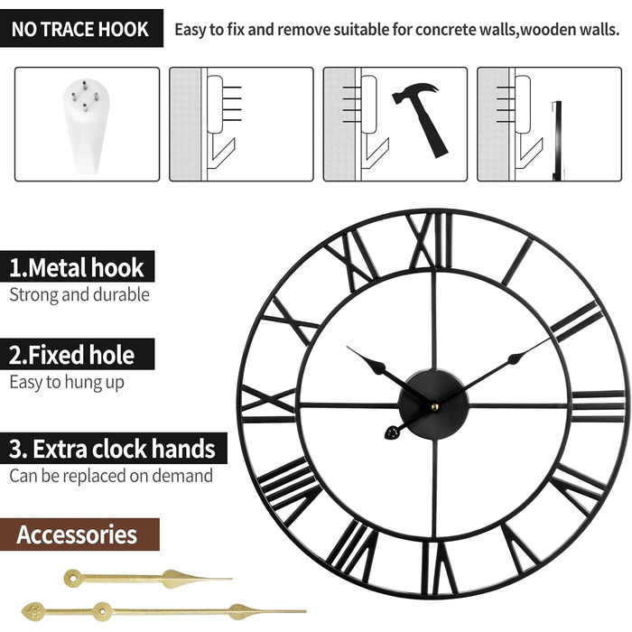 Mee 2ou Wall Clock Modern Nearly Silent Without Ticking - 40cm Diameter Roman Numeral Wall Clocks Modern Living Room Wall Clock Vintage For Bedroom Kitchen Office Country Style Industrial Style