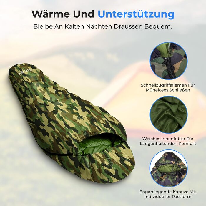 Спальний мішок SereneLife для туризму та кемпінгу – легкий, теплий, водонепроникний, для зимових умов, температурний режим -15°C до +12°C, камуфляж