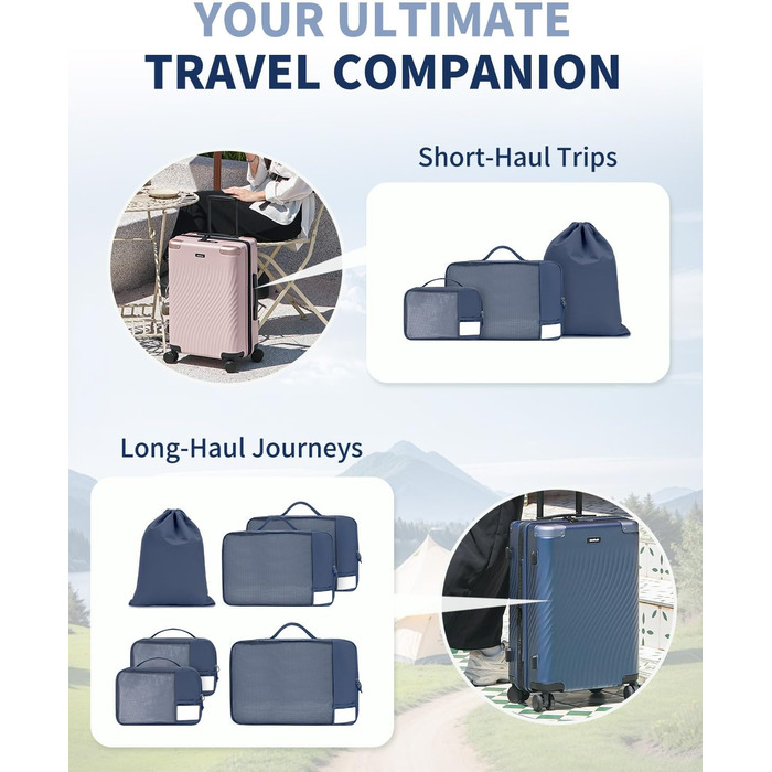 Органайзери для валізи ECOHUB, набір 6 шт. з ID-міткою, екологічні, дихаючі, для подорожей (зелений, блакитний)