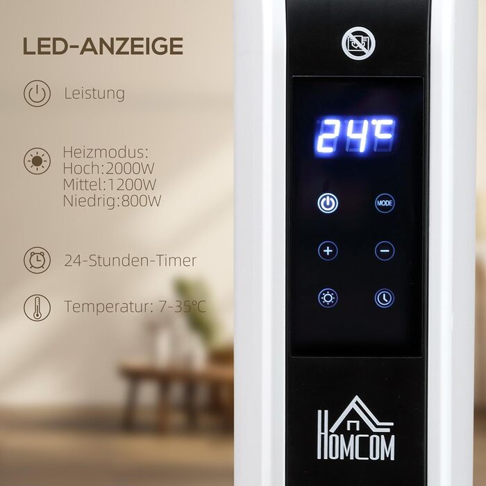 Електричний обігрівач HOMCOM 2000W з 3 режимами нагріву, LED-дисплеєм та таймером, для приміщень до 18 м²