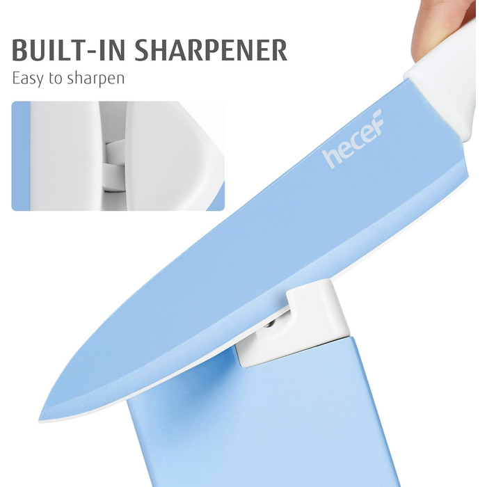 Набір ножів Hecef 14 предметів у блоці, з антипригарним покриттям, для миття в посудомийній машині, самозаточуваний блок, ергономічні ручки, кухонний набір для будь-якої кухні (блакитний)