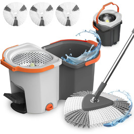 Набір для миття підлоги з відром, моп з функцією віджиму, відро з педальним механізмом та 2-камерним відсіком, повний набір з 3 мікрофібровими накладками для ламінату, паркету та плитки (світло-сірий)