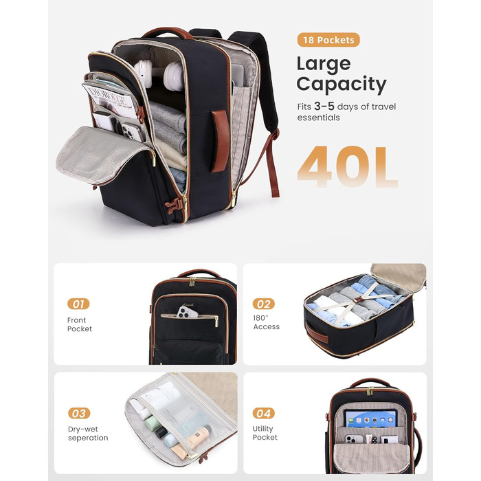 LOVEVOOK Рюкзак ручної об'єм 40L для подорожей, чорний. Підходить для ноутбука 17,3