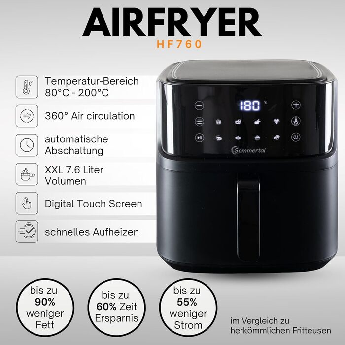 Фритюрниця повітряна Sommertal HF760-7,6L XXL з сенсорним екраном, 8 програм, 2000 Вт - енергозберігаюча та здорова, велика фритюрниця