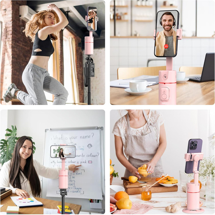 Автоматичне штатив для розпізнавання облич, без додатків, розумна підставка для телефону з пультом дистанційного керування, поворотна на 360° тримач для камери/смартфона, штатив для Vlogs/TikTok (Рожевий)