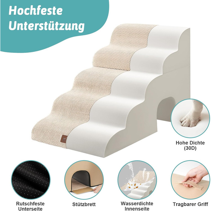 Dog Stairs for Small Dogs, Pet Stairs for Loft Bed made of High-Density Foam, Dog Stairs Dog Ramp with Washable Cover (83x50x57cm-Hole, 5.0) (Beige)