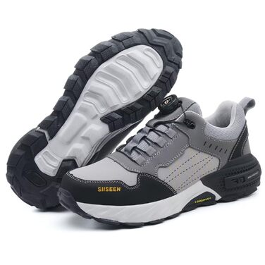 Чоловічі робочі черевики з металевим носком, легкі, дихаючі та міцні, з Clickers та захистом від проколів, неслизька підошва – робочі черевики для професій та будівництва (45 EU, Сірий)