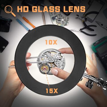 Лупа Jubor 2-в-1 з підсвічуванням та підставкою, 15x/10x, LED, з кріпленням та основою, настільна лампа, 3 режими, регулювання яскравості, для хобі, ремонту, DIY, чорна