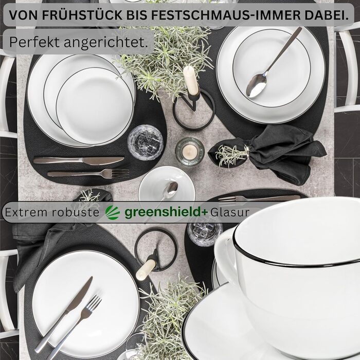 Sänger | 12-Piece Marlo Black Rim Tea/Coffee Set with Saucers, Coffee Cups for 6 People, Porcelain Coffee Set, Coffee Cup with Saucer, White with Black Accents, 200 ml | PREMIUM COLLECTION