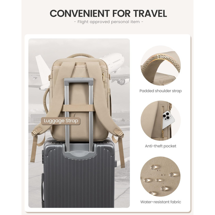 LOVEVOOK Рюкзак для ручної поклажі, 40L, для жінок, валіза-рюкзак з відділенням для ноутбука, водонепроникний, для подорожей, ділових поїздок, вихідних, Khaki-beige