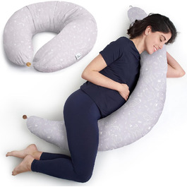 Подушка для вагітних Niimo XXL+ 2-в-1 з функцією подушки для годування - з підпоркою, 100% бавовна, пральна машина, ергономічна, багатофункціональна, сіра з білими серцями (200 x 70 см)