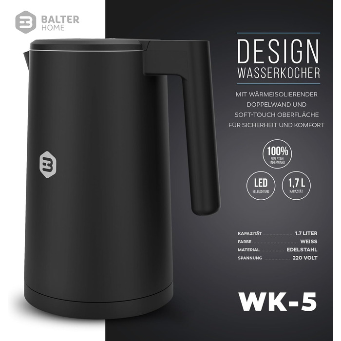 Balter Stainless Steel Kettle with Temperature Setting, 40°C-100°C, Double-Walled, BPA-Free, 1.7L, Black, WK-5-Touch