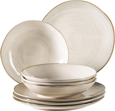 MÄSER 931371 Nottingham Vintage Dinner Set for 4 people, 8-piece tableware set with dinner plates and soup plates in an irregularly round retro look, stoneware, beige