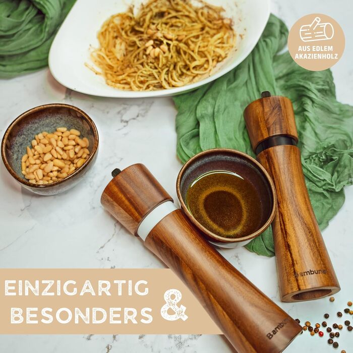 Набір для перцю та солі BAMBUNA з акацієвого дерева - 5 шт. з регульованою керамічною жорна - ручна млинка з підставкою та ложкою - Made in Germany