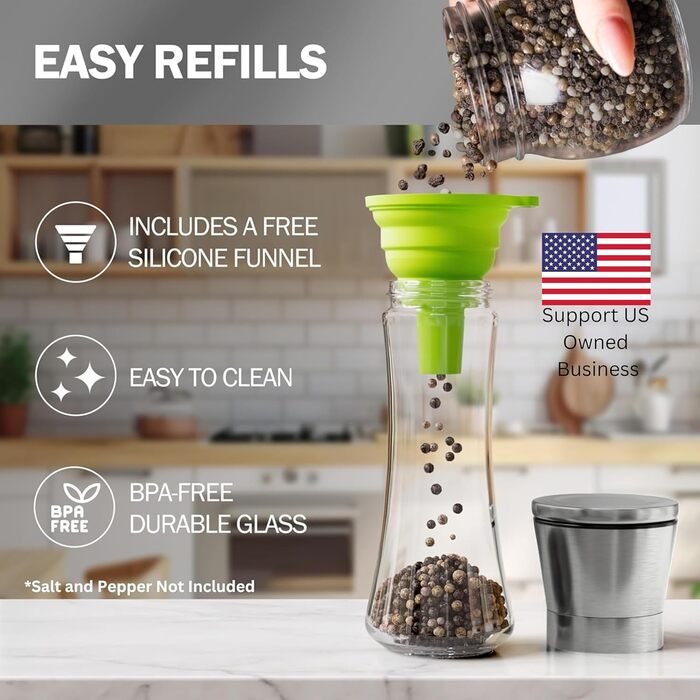 Набір меланець для солі та перцю HOME EC - 2 шт. з регулюванням, з воронкою, з інструкцією, 7 дюймів, прозоре скло
