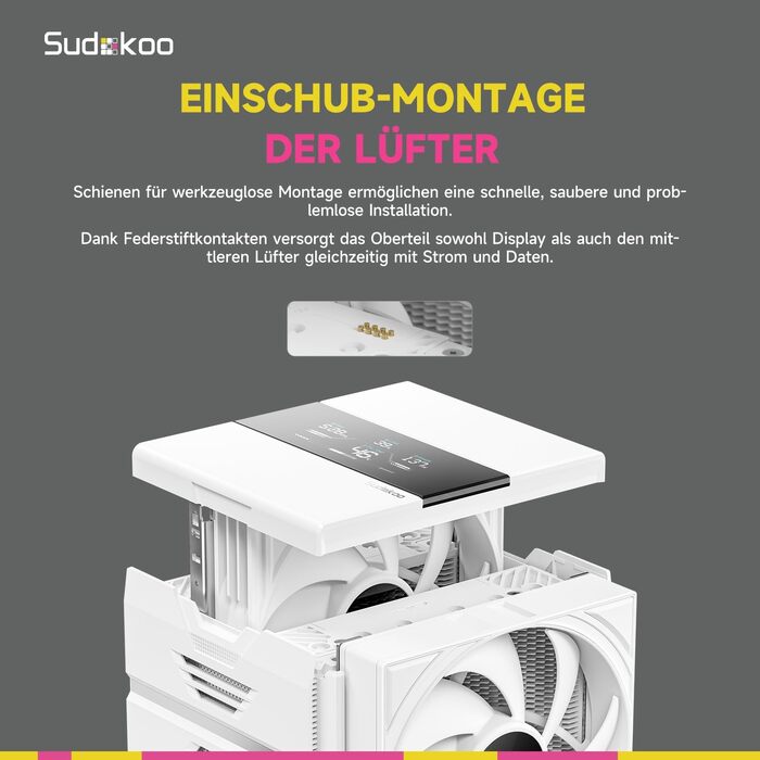 Кулер для процесора Sudokoo SK620V White AM5: двосекційний повітряний охолоджувач з цифровим дисплеєм, 6 теплотрубками та 2 вентиляторами PWM FDB 120мм, білий