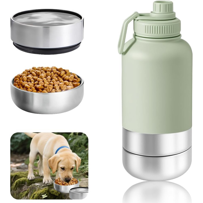 Миска для собак 3-в-1 з термоізоляцією, зелена, L | Миска, пляшка для води, годівниця для собак на винос