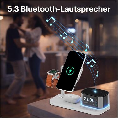 Бездротова зарядна станція 5-в-1 MMOBIEL MagSafe Qi2.2 25W з годинником, Bluetooth-колонкою та нічником LED (біла) для iPhone, Apple Watch, AirPods