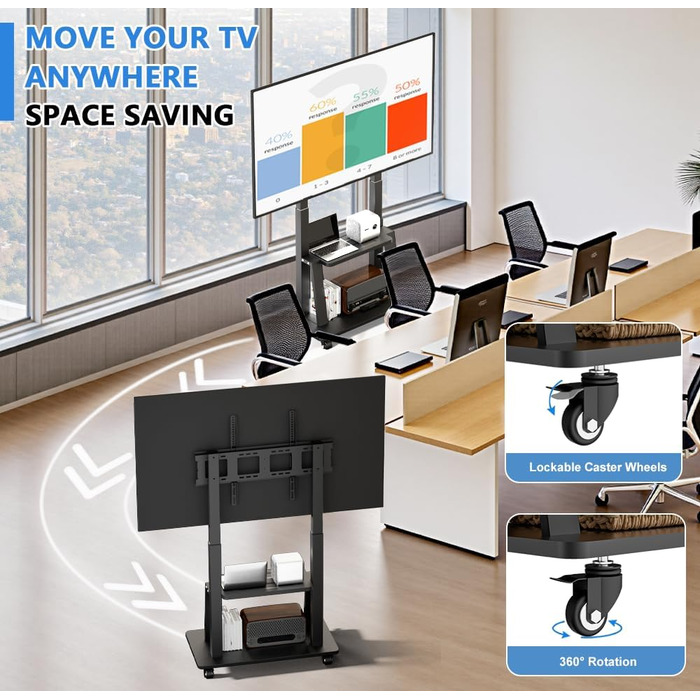Мобільна підставка для телевізора з колесами 42-100 дюймів, регульована по висоті, VESA 900x600, до 82 кг