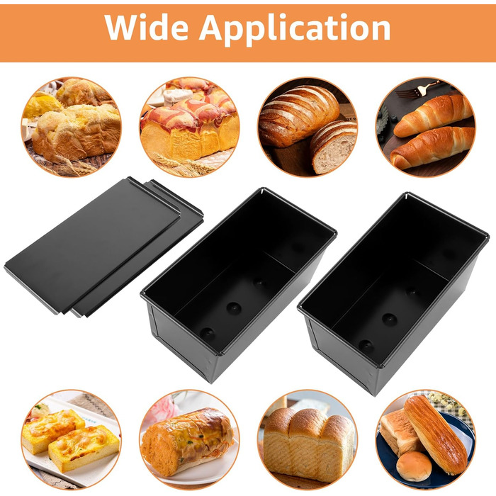 VIDETOL 2 Pack Loaf Pans with Lid, 450g Toast Bread Mold Non-Stick, Black Bread Box for Toast and Bread