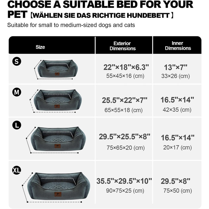 Dog Bed for Small and Medium Dogs 65x55x18cm, Washable Dog Cushions, Removable Cover, Dog Sofa Dog Basket with Raised Edges, Fluffy Cat Bed Dog Bed with Nubs, Dark Grey