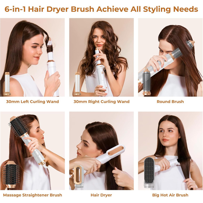 Airstyler 6 в 1: Фен-щітка, Іонний стайлер, Набір для волосся, 1000W, Білий