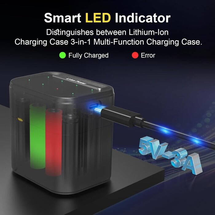 SURFOU Акумулятори Li-ion 4 AA + 4 AAA з зарядним пристроєм, 1300 мАг, висока ємність 1.5V, з інтегрованою коробкою для зберігання, 1600+ циклів, 8-зарядний пристрій з 4 AA 3700 мАг та 4 AAA 1300 мАг