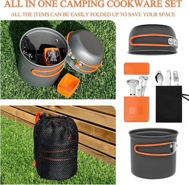 Набір посуду для кемпінгу Biliple 8-piece: каструля, сковорідка, газовa плитка, столові прибори для 1-2 осіб. Ідеально для пікніків, походів та кемпінгу.