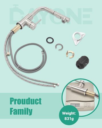 Кухонний змішувач Dayone з висувною лійкою, нержавіюча сталь SUS304, високий тиск, 2 функції, поворотна лійка 360°, L-подібна форма, G6808bn