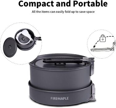Набір кухонного посуду для кемпінгу Fire-Maple Feast 2: каструля, чайник, сковорода, тарілки та лопатка для 1-3 осіб. Ідеально для походів, трекінгу, риболовлі та пікніків. Чорний колір.