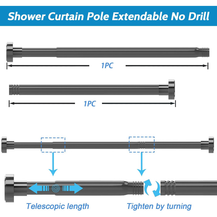 Висувна штанга для душу з нержавіючої сталі 135-200 см - без свердління, для ванної, душової кабіни, дверей