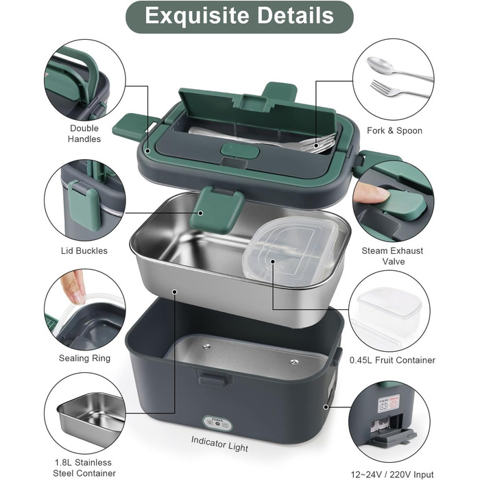 AUTOPkio Electric Lunch Box 1.8L 80W, 12V/24V/220V Large Heated Food Warmer with Bag, Stainless Steel Fork & Spoon for Car, Truck, Office