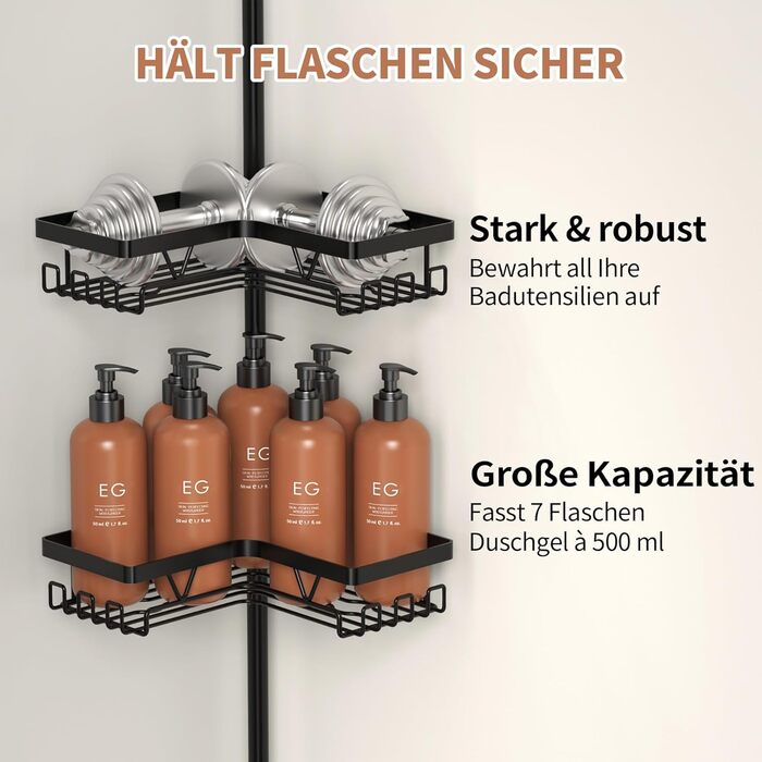 Настінна поличка для душу YIGII з телескопічною штангою, з нержавіючої сталі, чорна, 4 яруси, без свердління, з тримачем для зубних щіток, регульована 63.5–290 см