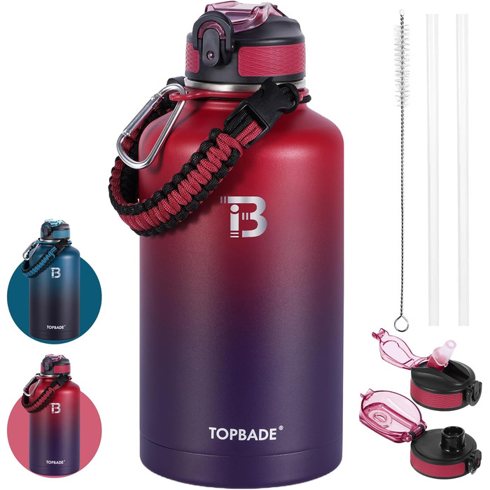 Stainless Steel Water Bottle 1900 ml (+2 Lids), 1.9 Liter Insulated Water Bottle with Straw, Leak-Proof Double-Walled Insulated Bottle with Chug Lid for School, Fitness, Outdoors