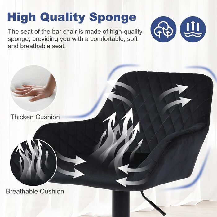Ralex Velvet Bar Stools 2-Pack - Adjustable Swivel Bar Chairs with Backrest & Armrests for Kitchen, Bar & Counter - Black