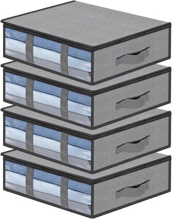 Коробки для зберігання постільних речей AiQInu, 4 шт, 60x45x15 см, сірі. Коробки для білизни з вікном та ручками, складні, для одягу, ковдр, постільної білизни