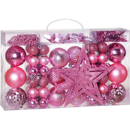 DEUBA® Новорічні кулі 66 шт. Ø 3-6 см, пластик, матові/глянцеві, прикраси для ялинки, новорічний декор (Рожевий)