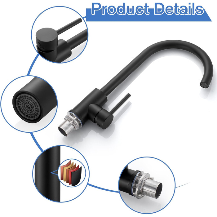Чорний кухонний змішувач з нержавіючої сталі 304, поворотний вилив, моно-змішувач, стандарт UK, матовий чорний