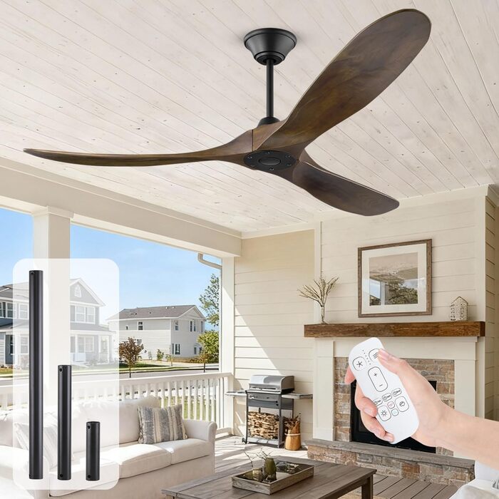 152 см, дерев'яний стельовий вентилятор з дистанційним керуванням, 3 лопаті, DC-двигун, для дому та вулиці, таймер, без освітлення