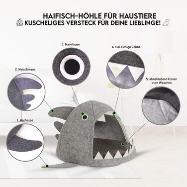 Хатинка для кота з фетру Hausleben, ліжко-печера для тварин, тепле гніздо з веселим дизайном у вигляді акули