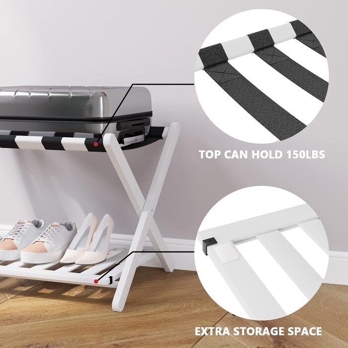 Fully assembled bamboo luggage rack with 5 straps, 2-tier foldable suitcase stand, wide wooden luggage rack, foldable luggage shelves, ideal for guest rooms, bedrooms, hotels, (100% solid bamboo)