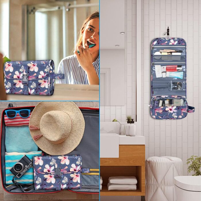 Fintie Косметичка-органайзер для подорожей, водонепроникна, велика, з кишеньками для дівчат та жінок (Квітка гібіскус)
