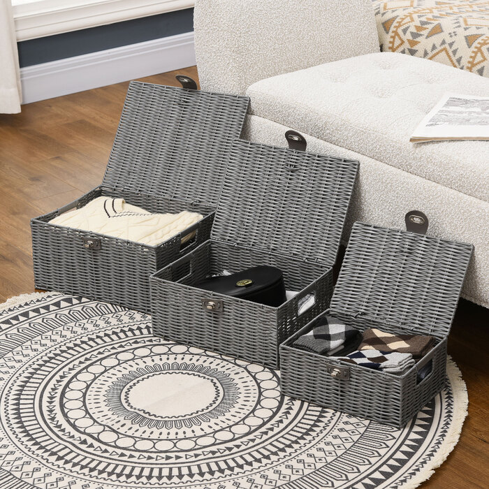 HOMCOM Storage Boxes 3-Piece Set with Lid & Buckles 18L 12L 7L for Living Room Gray