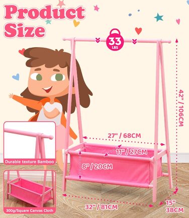 Relquorax Bamboo Children's Clothes Rack with Storage Bag and Clothes Rail, Dress-up Stand, Small Wardrobe Rack, for Costumes in Children's Rooms (Pink)